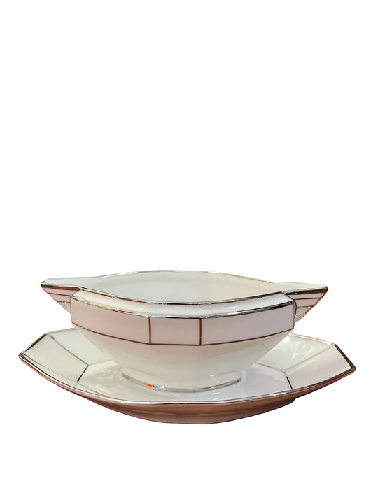 Saucière Art Déco porcelaine blanche liseré argent avec dormant