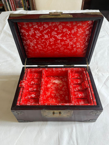 Boîte à Bijoux Chinoise Ancienne Bois Laiton Pierre Jade Coffret Asiatique