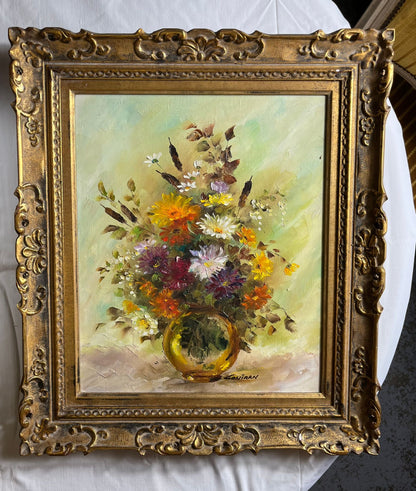 Huile sur toile bouquet floral signée Louiran, encadrée
