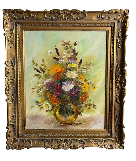 Huile sur toile bouquet floral signée Louiran, encadrée