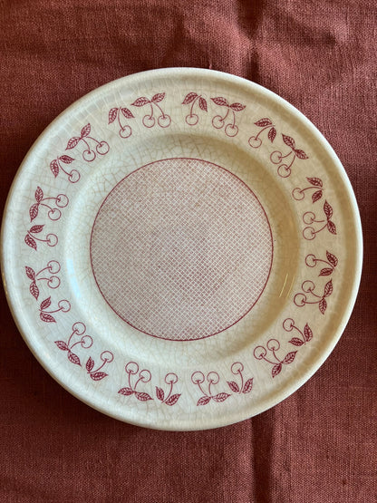 paire assiettes anciennes terre de fer décor cerises rouges 19,5 cm