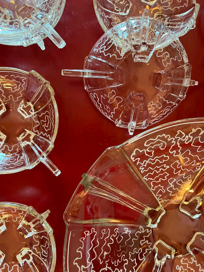 Service à salade de fruits vintage en verre gravé, dans le goût Art déco, 9 pièces