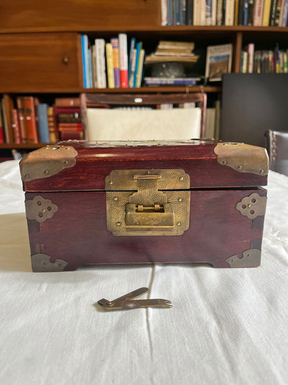Boîte à Bijoux Chinoise Ancienne Bois Laiton Pierre Jade Coffret Asiatique