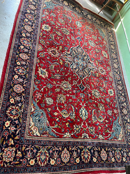 Grand tapis ancien en laine noué main décor persan rouge 310 x 209 cm