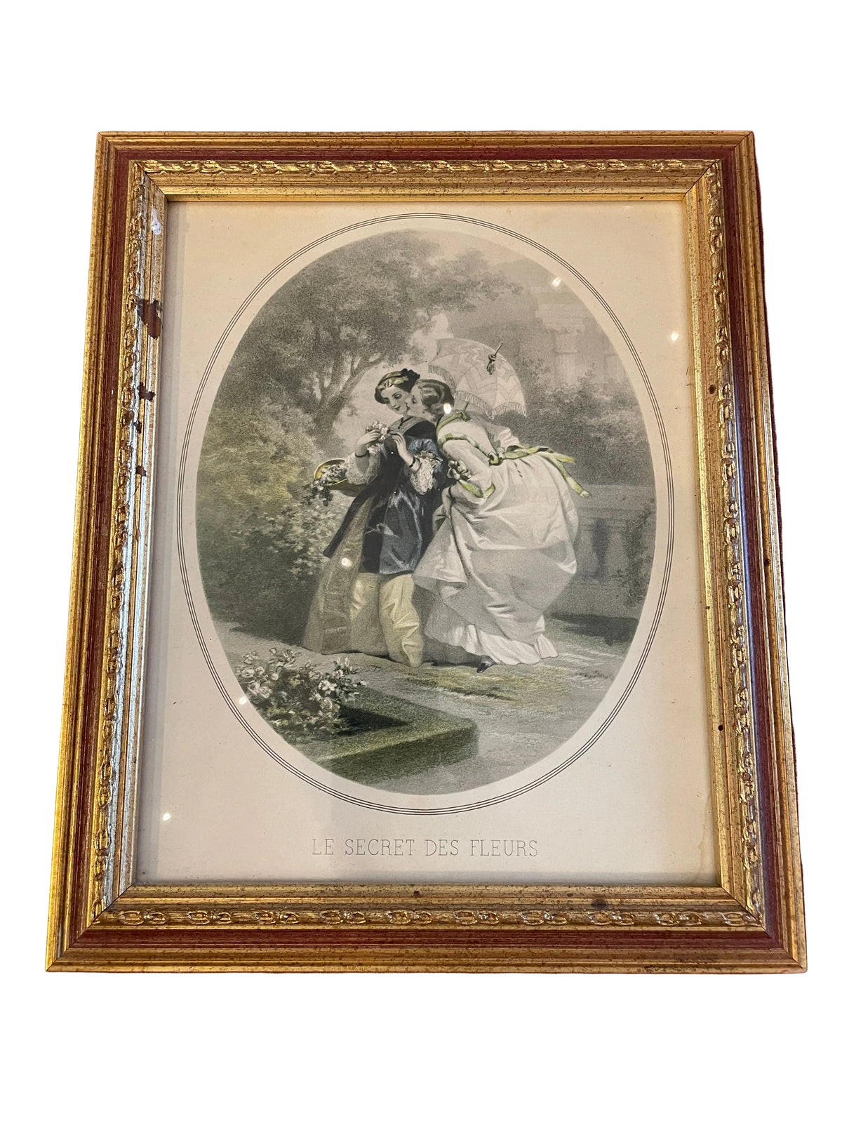 Gravure ancienne « Le Secret des Fleurs » – scène galante XIXe siècle