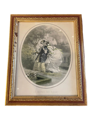 Gravure ancienne « Le Secret des Fleurs » – scène galante XIXe siècle