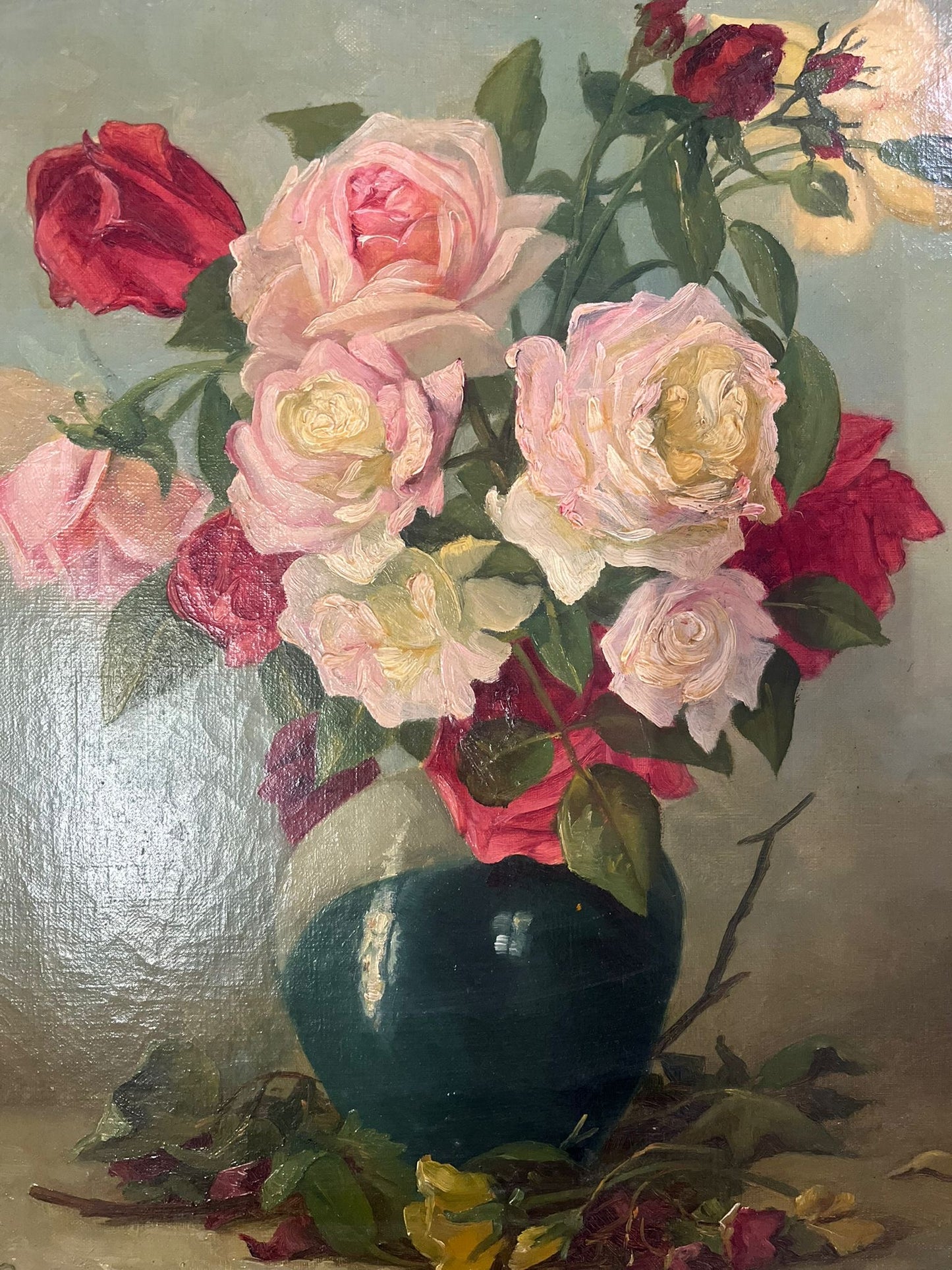 Huile sur toile bouquet de roses signée datée 1901 cadre ancien doré