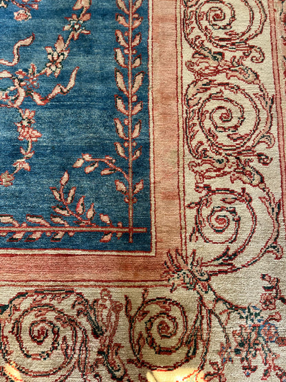 Grand tapis ancien en laine noué main décor floral bleu 294 x 225 cm