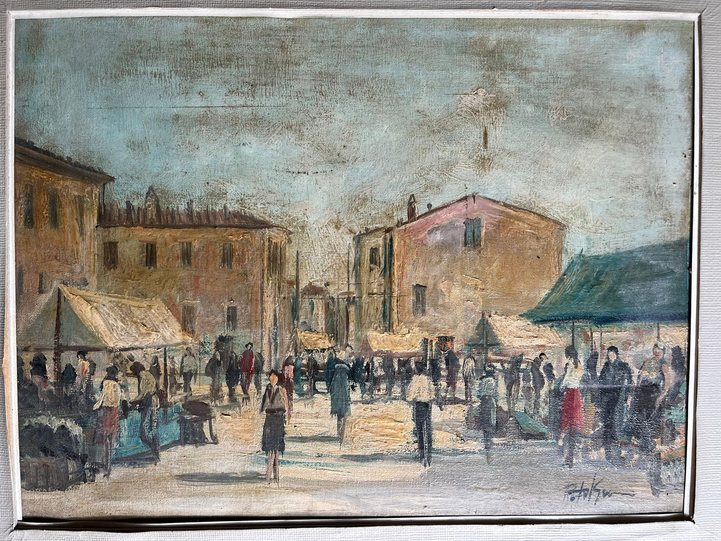 Tableau ancien scène de marché provençal, huile signée