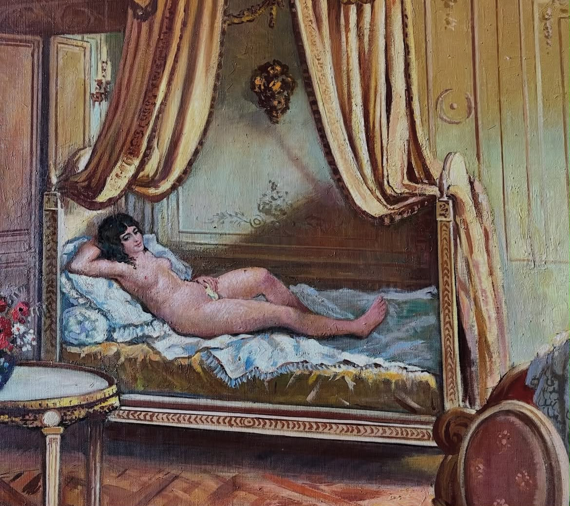 Grand tableau huile sur toile Raymond Riflar Nu intérieur Louis XVI 105x132 cm