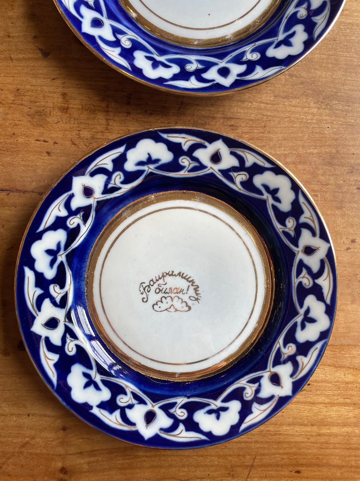 Paire de petites assiettes en porcelaine à décor bleu cobalt et blanc avec rehauts doré