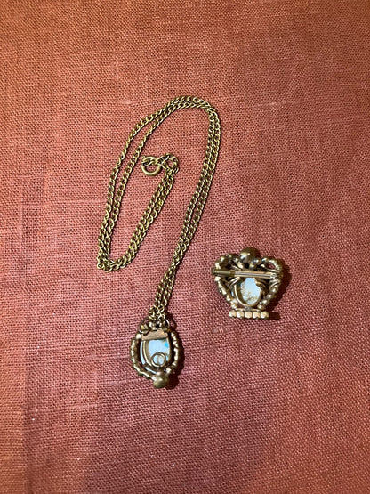 Parure vintage broche et pendentif cabochons bleu turquoise et strass
