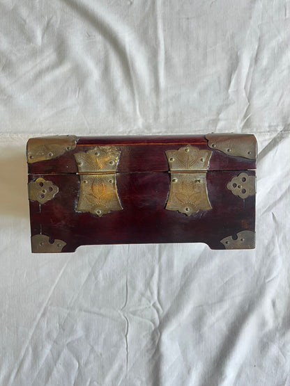 Boîte à Bijoux Chinoise Ancienne Bois Laiton Pierre Jade Coffret Asiatique
