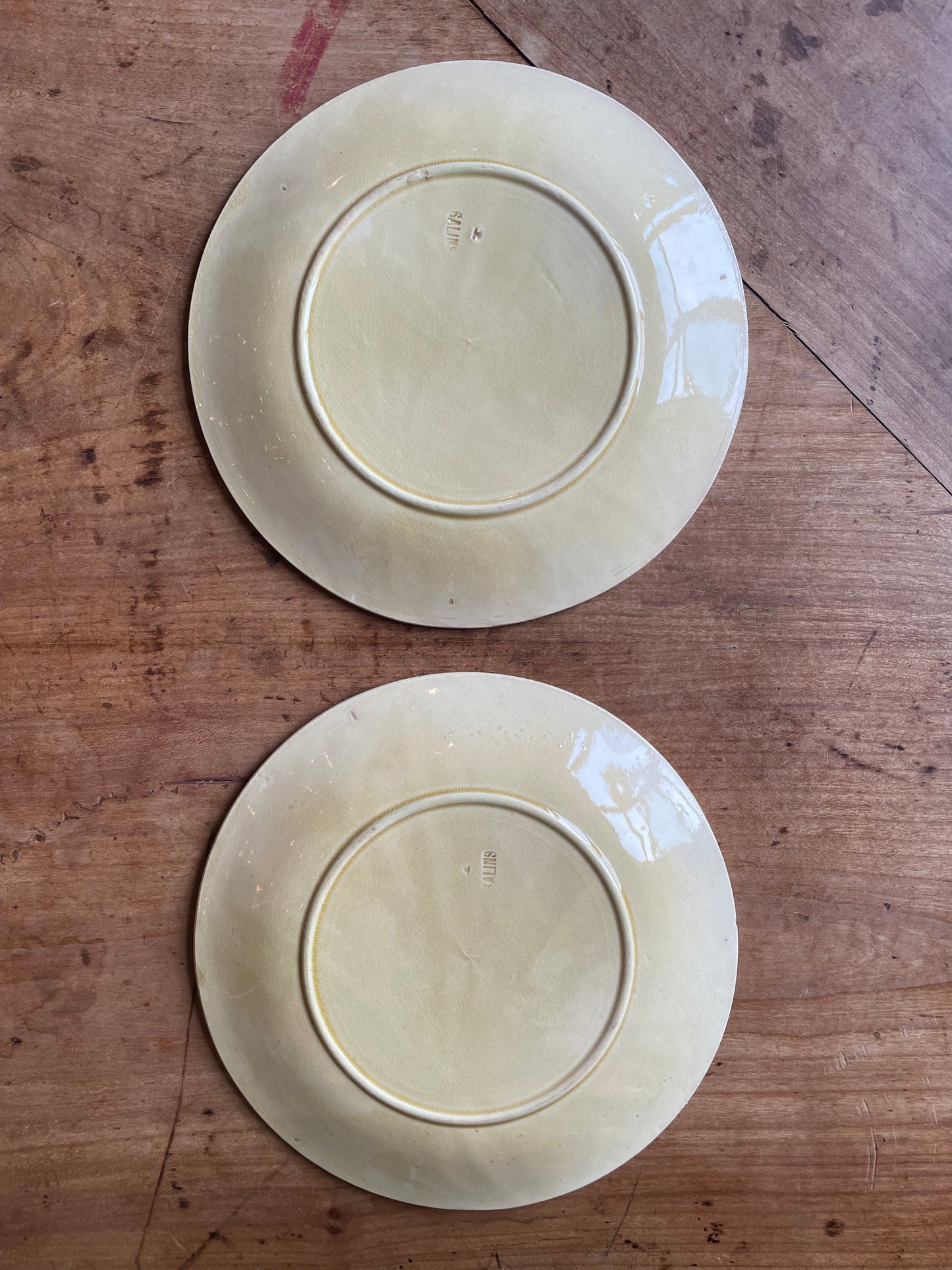 Paire assiettes barbotine Gien châtaignes feuilles faïence ancienne XIXe