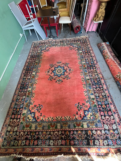 Grand tapis marocain ancien noué main en laine rose 305 x 206 cm