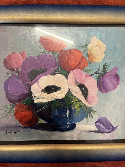 Tableau floral huile au couteau signé bouquet fleurs cadre vintage