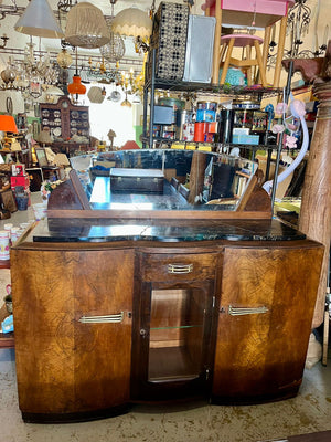 Buffet bar Art Déco avec miroir en bois galbé – meuble années 1930