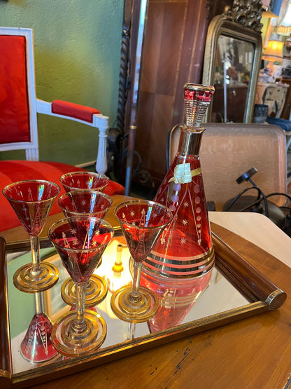 Service à liqueur vintage carafe 5 verres rouge avec plateau miroir