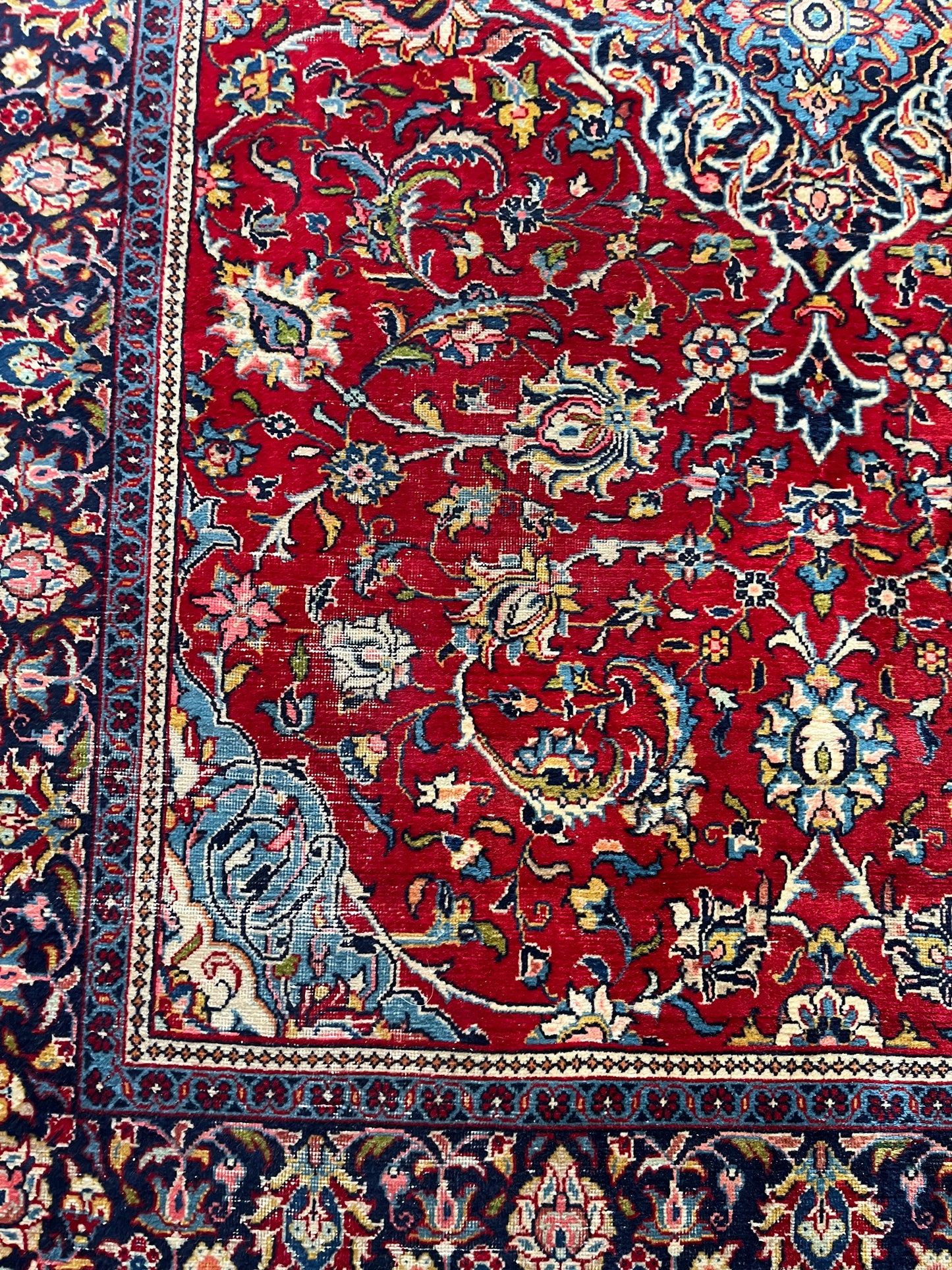 Grand tapis ancien en laine noué main décor persan rouge 310 x 209 cm