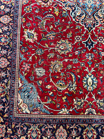 Grand tapis ancien en laine noué main décor persan rouge 310 x 209 cm
