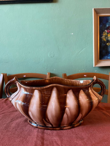 Jardinière ancienne en céramique émaillée brun et crème à anses
