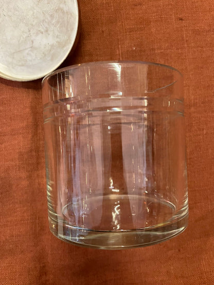 Pot Art Déco en verre avec couvercle métal chromé et bouton bakélite ambré vintage