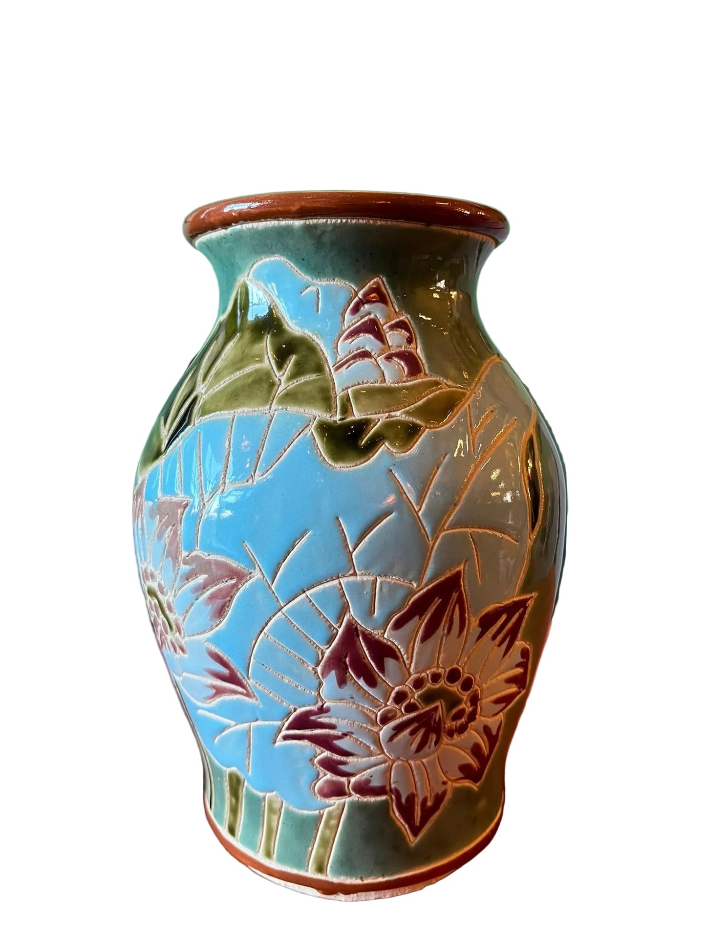 Vase en céramique émaillée à décor floral en relief vert et bleu