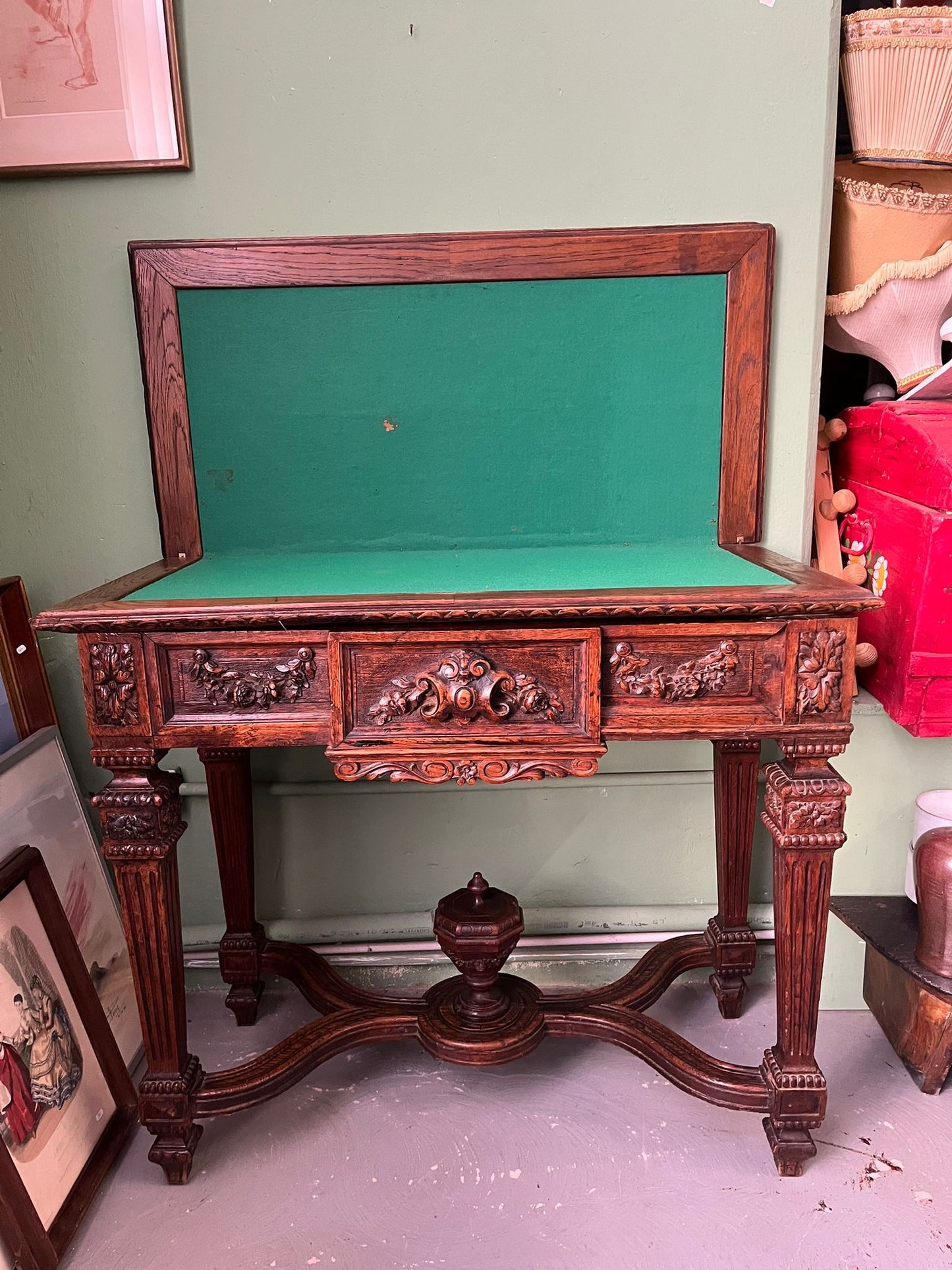 Table de jeu ancienne bois sculpté plateau feutrine