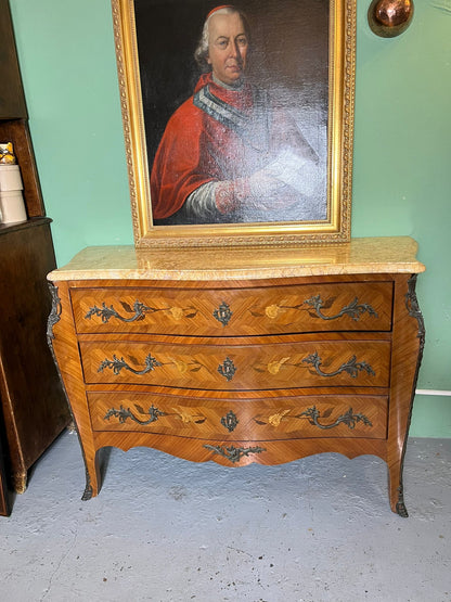 Grande commode style Louis XV marqueterie plateau marbre 3 tiroirs