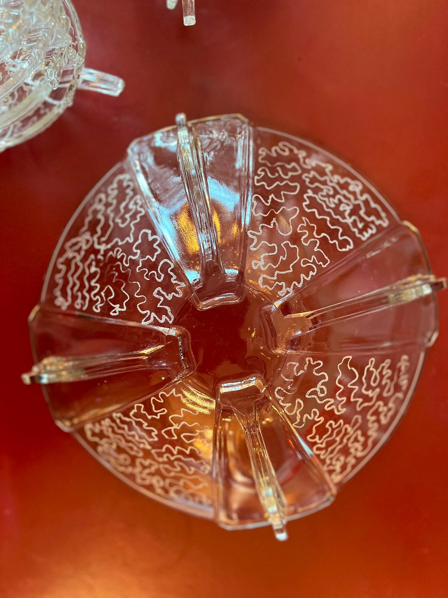 Service à salade de fruits vintage en verre gravé, dans le goût Art déco, 9 pièces