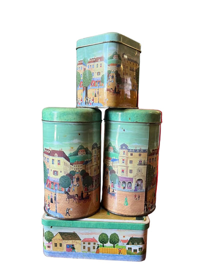 Lot de 4 boîtes anciennes en métal décor village parisien style naïf