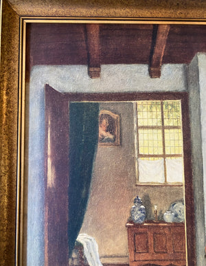 Huile sur toile scène d’intérieur hollandaise monogrammée FCH