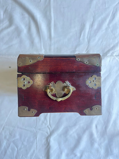 Boîte à Bijoux Chinoise Ancienne Bois Laiton Pierre Jade Coffret Asiatique