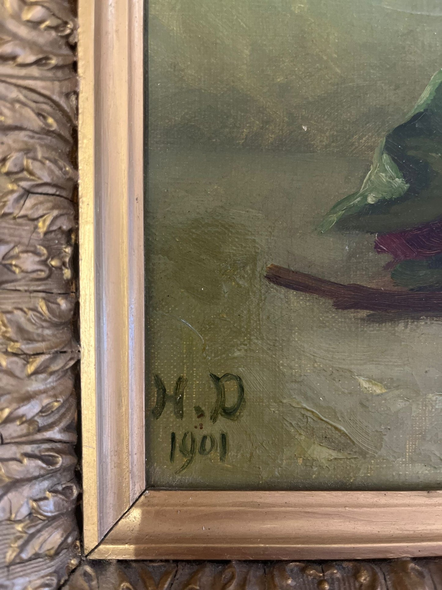 Huile sur toile bouquet de roses signée datée 1901 cadre ancien doré