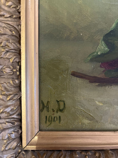 Huile sur toile bouquet de roses signée datée 1901 cadre ancien doré