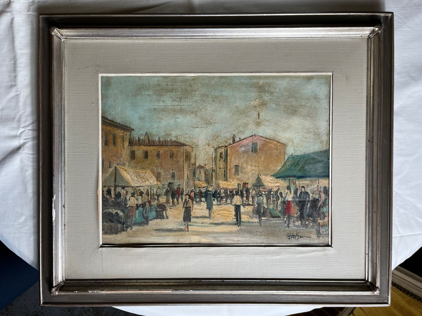Tableau ancien scène de marché provençal, huile signée