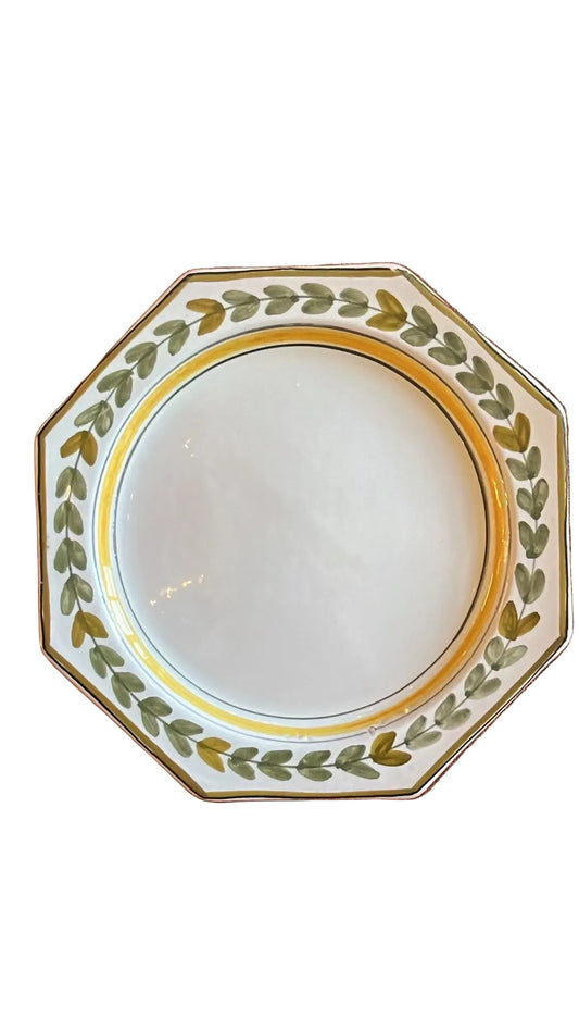 Assiette octogonal faïence décor feuillage peint main vintage 20 cm