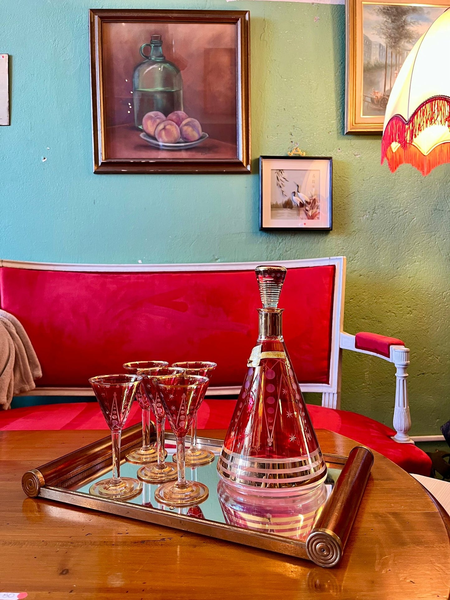 Service à liqueur vintage carafe 5 verres rouge avec plateau miroir
