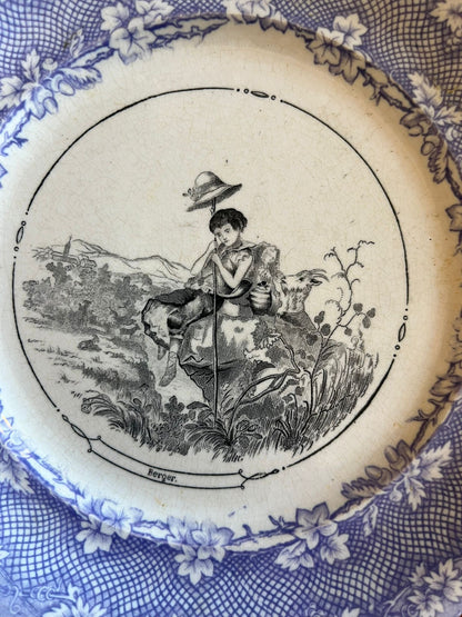 Paire d’assiettes anciennes terre de fer Opaque de Sarreguemines scènes d’enfants XIXe