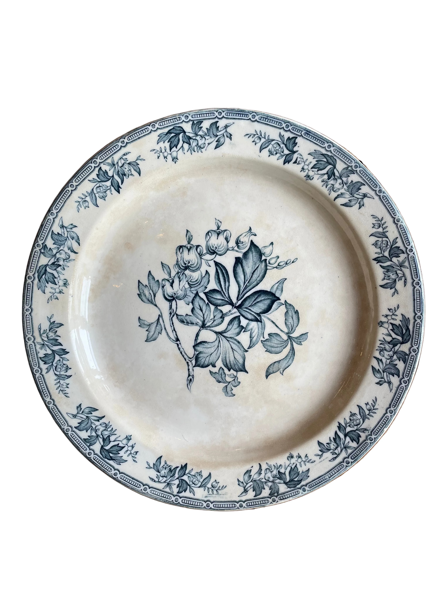 Grand plat ancien anglais Ivory Ware décor floral bleu faïence