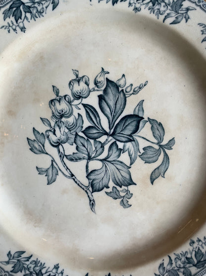 Grand plat ancien anglais Ivory Ware décor floral bleu faïence