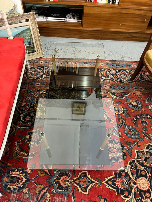 Table basse vintage verre fumé et laiton style Maison Jansen années 70