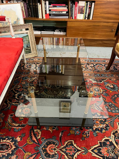 Table basse vintage verre fumé et laiton style Maison Jansen années 70