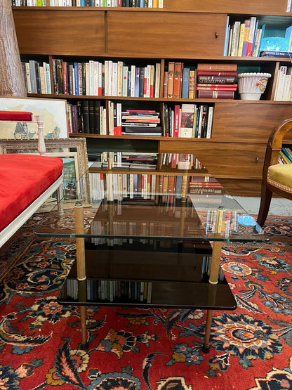 Table basse vintage verre fumé et laiton style Maison Jansen années 70