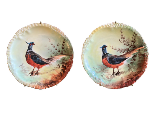 Paire assiettes Limoges peintes main faisans signées Fredy 24,5 cm